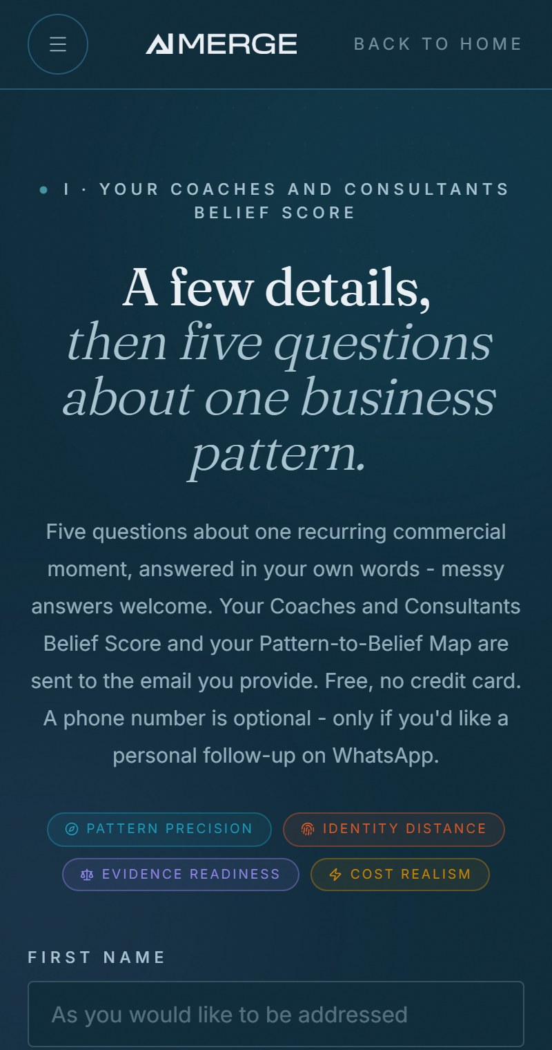 The first screen of the Coaches and Consultants Belief Score: your name and email, the four pillars named, and one recurring business pattern to work from.